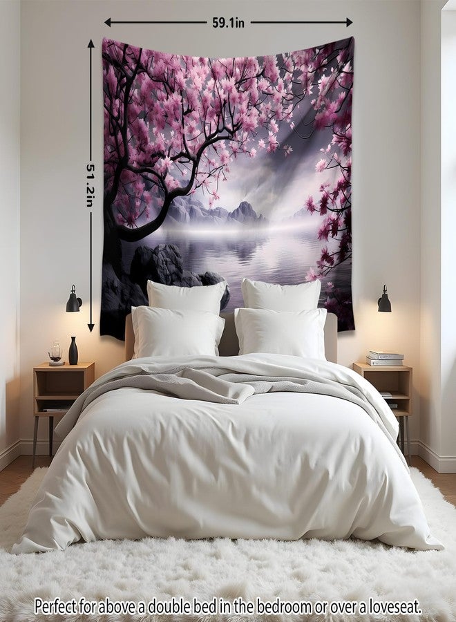QGHOT Japanese Cherry Blossom Tapestry Wall Hanging Asian Anime Nature Mountain Wall Art Calming Lake Ocean Tapestries for Bedroom Living Room Decor 60x50in - Image 4